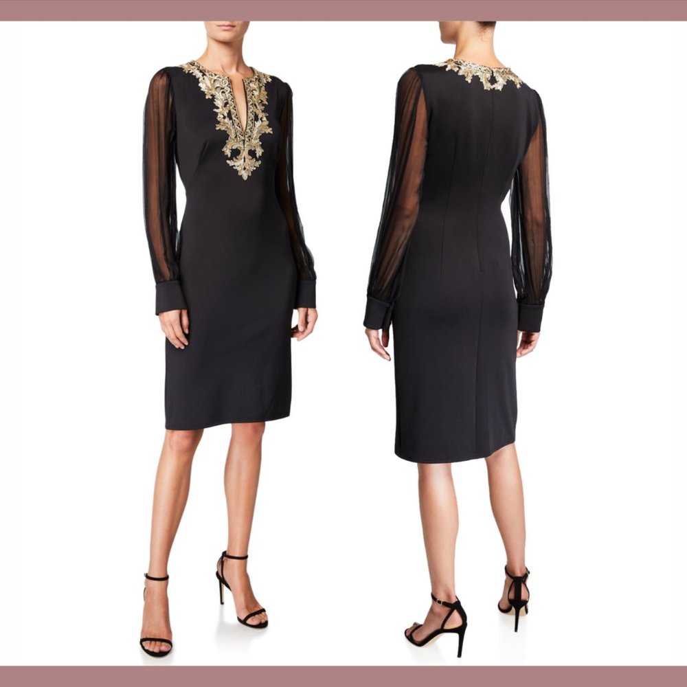 NWT $308 Tadashi Shoji [ Large ]‎ Berch Chiffon Long Sleeve Neoprene Dress